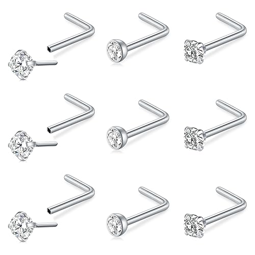 Mayhoop 20G Nose Rings Studs 316L Surgical Stainless Steel L Shape Bone Diamond Heart Corkscrew Nose Ring Nostril Piercing Jewelry For Women Men - color: L-Silver-C