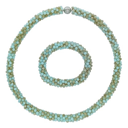 Hand Knotted Beads Statement Necklace Bracelet Jewelry Set Artificial Crystal Choker for Women- Handmade Beaded Strand Sparkly Faceted Crystal Rondelle-17inches, 30 Colors - color: Light Blue-Golden Set