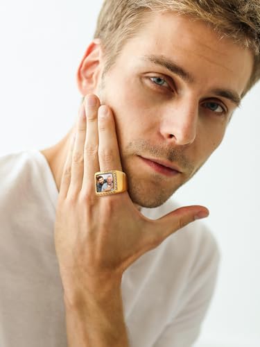 FindChic Customized Signet Photo Rings Square/Heart/Round Chunky Band Ring Stainless Steel/18K Gold Plated/Black Size 7 to 14 Personalized Jewelry for Men Women, Send Gift Box - color: 01. square (gold)