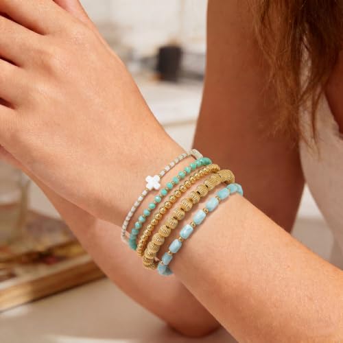 Dainty Gold Plated Pearl Crystal Beaded Bracelets Set for Women 14K Gold Plated Bead Pearl Beads Bracelet Stackable Paperclip Link Chain Bracelets Gold Plated Bracelets for Women Trendy Jewelry - color: Style4-gold bracelets set5