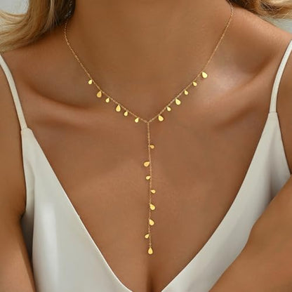 Dainty 18K Gold Plated Lariat Necklace for Women Delicate Y Chain Rose Pearl Diamond Long Drop Necklace Layering Bridal Jewelry Gift - color: Tiny Waterdrop-Gold