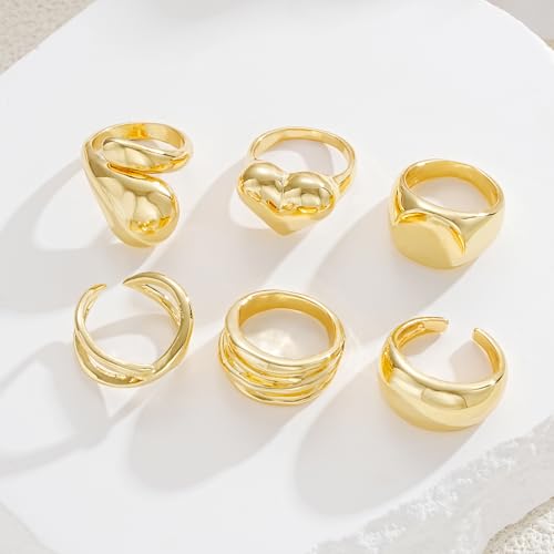17 MILE Chunky Gold Stackable Rings for Women Non Tarnish, 18K Gold-Plated Statement Open Stacking Rings, Knuckle Band Ring Set - color: Gold 6 Pcs Rings