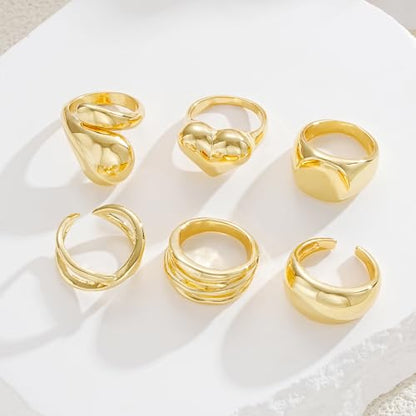 17 MILE Chunky Gold Stackable Rings for Women Non Tarnish, 18K Gold-Plated Statement Open Stacking Rings, Knuckle Band Ring Set - color: Gold 6 Pcs Rings
