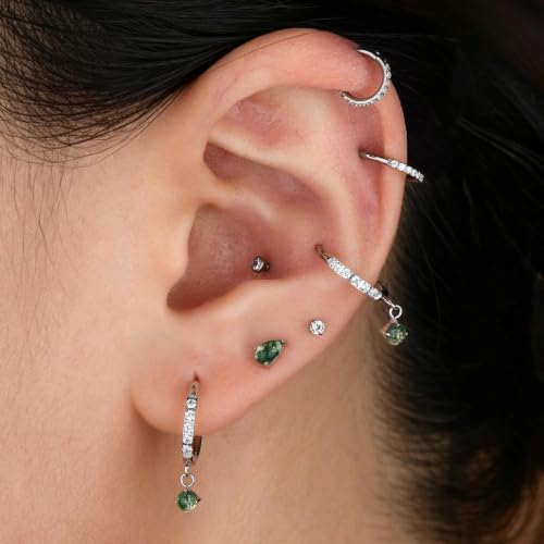 1PC ASTM F136 Titanium Push Pin Moss Agate Stone Flat Back Earrings 16G 8mm for Helix Conch Tragus - color: Waterdrop-Tit