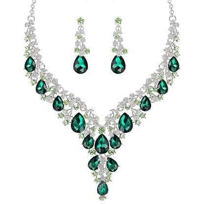 Bridal Bridesmaid Austrian Crystal Jewelry Set, Floarl rhinestone Statement Neckace Teardrop Necklace Drop Dangle Earrings Set - color: Emerald-Silver Tone