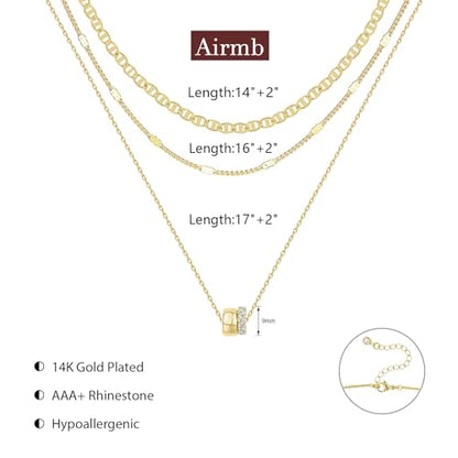 Airmb Gold Layered Necklaces for Women 14k Gold Plated Dainty Stackable Choker Necklaces for Women Trendy Layering Chain Cute Pendant Necklace Set Gold Jewelry for Women - color: 3PS-Two Rondelle-Gold