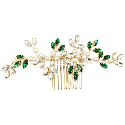 Pearl Crystal Hair Comb Bridal Green Rhinestone Gold Vine Hair Piece Accessories for Wedding Women - color: Green