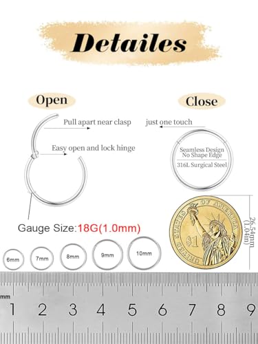 AMASIS Nose Rings and Nose Studs Set, Stainless Steel Hinged Nose Hoops and CZ Studs, Select Sizes and Styles for Nostril Septum Cartilage Piercing Jewelry - color: Silver, size: 2-Piece Hoops,18Gauge,7mm