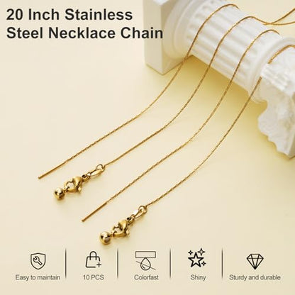 Crisjanggo 10 Pack 20 Inches Gold Adjustable Thin Necklace Chain Bulk for Jewelry Making Gold Plated Stainless Steel Chains with Lobster Clasps for Women - color: Gold Circle