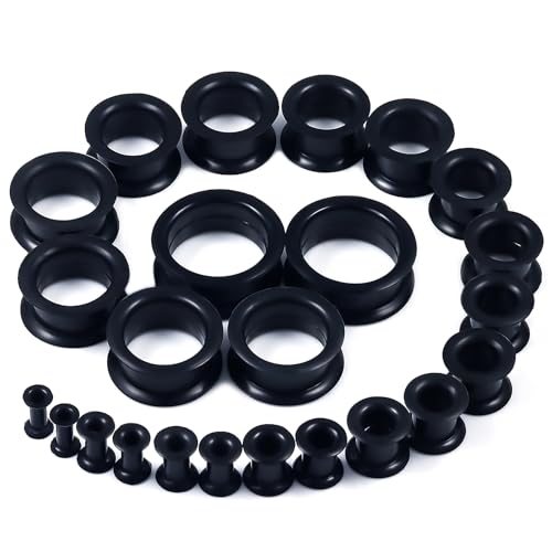 10G-25mm Thin & Thick Silicone Ear Gauges Tunnels Stretching Kit Double Flared Rubber Gauges Tunnels Plugs Flexible Soft Tunnels Earrings Gauge Kit for Women Men - color: Thick Black 6G-25mm