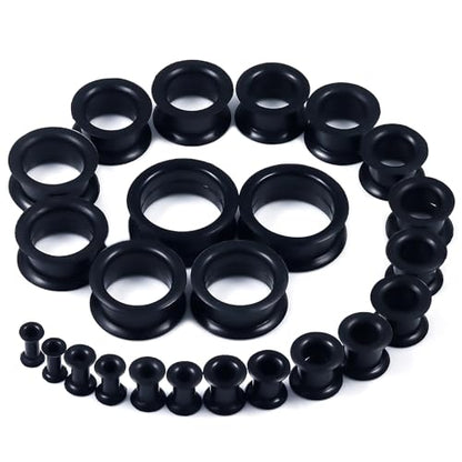 10G-25mm Thin & Thick Silicone Ear Gauges Tunnels Stretching Kit Double Flared Rubber Gauges Tunnels Plugs Flexible Soft Tunnels Earrings Gauge Kit for Women Men - color: Thick Black 6G-25mm