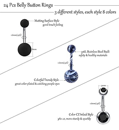 24-50Pcs 14G Stainless Steel Belly Button Rings for Women CZ Screw Navel Bars Body Piercing Jewelry - color: A: 24pcs style 1
