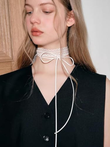 Bravace Lace Bow Choker Necklace for Women Long Wrap Tie Layered Ballet Lace Collar Elegant Black Lolita Gothic Party Neck Jewelry Romantic Adjustable Velvet Ribbon Trendy Accessory Gift - color: White