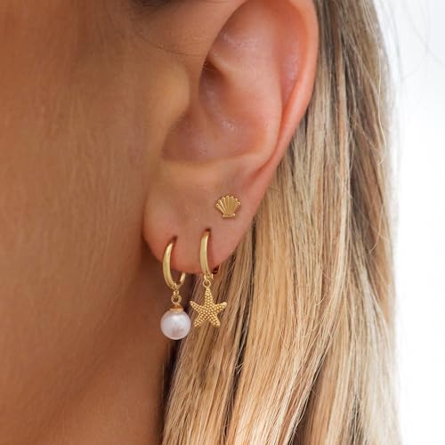 Gold Plated Earrings for Women, 14k Gold Plated Earring Stack Hypoallergenic Pearl Drop Earring Dainty Earrings for Women Trendy Cute Small Huggie Hoop Earring Fashion Womens Jewelry - color: SET18
