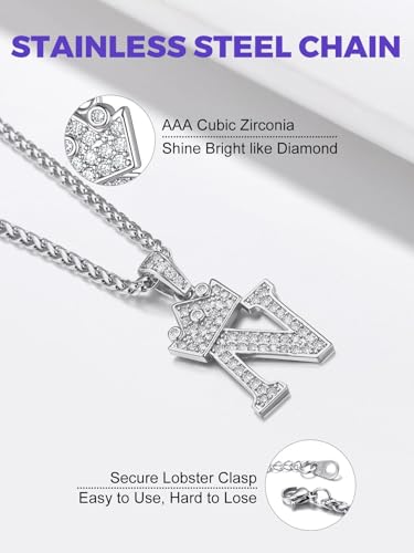 Richsteel Silver Crown Initial A-Z Letter Pendant Necklace for Men Women | Cubic Zirconia Monogram, 316L Steel Chain, 22" + 2" Extender,Hypoallergenic,Gift Box, Hip Hop Jewelry - style: N