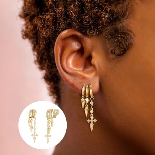 Clip On Earrings for Women Chain Moon Star Cross Hoop Dangle Earring No-Pierced Gold Silver - color: Cross,Gold tone