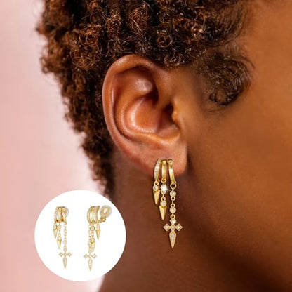 Clip On Earrings for Women Chain Moon Star Cross Hoop Dangle Earring No-Pierced Gold Silver - color: Cross,Gold tone