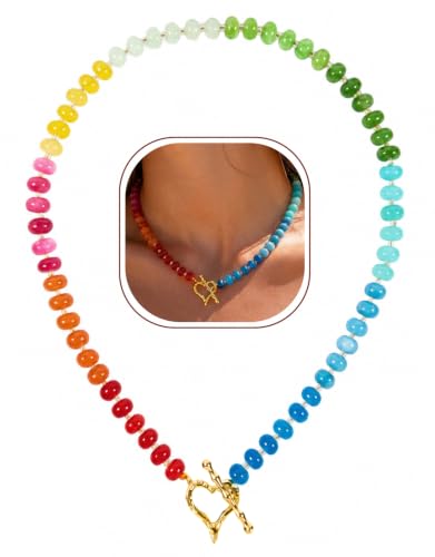 Beaded Necklaces for Women, Boho Colorful Bead Choker Necklace | Natural Gemstones, Summer Beach Jewelry, 18K Gold Plated, Handmade, Gift for Her,Charm Necklace - color: Rainbow-Heart-Shaped Clasp