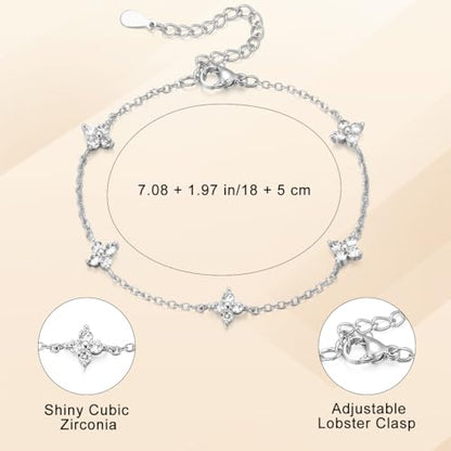 Emibele Gold Bracelets for Women, 18K Gold Plated Hand Chain, Cubic Zirconia Stainless Steel Non Tarnish Hand Chain Bracelet with Finger Ring, Adjustable Trendy Jewelry Valentines Day Gifts for Women - style: Four Leaf A