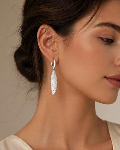 14K Gold Plated/Sterling Silver CZ Pearl Drop Dangle Earrings for Women - color: Silver-Leaf CZ