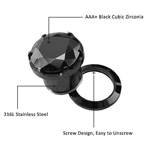 ZS 316L Stainless Steel Screw-Fit Ear Tunnel AAA+ Cubic Zirconia Ear Gauges | External Threaded Flesh Tunnels Plugs Ear Expander Stretcher Piercing Jewelry for Women Men - color: Black CZ, size: 0g(8mm)
