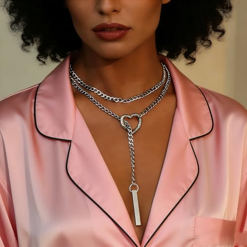 Slip Chain Necklaces for Women Stainless Steel Bar Pendant Choker Necklace Boho Handmade Long Lariat Necklace Silver Statement Punk Rock Collar Jewelry - style: layered silver heart