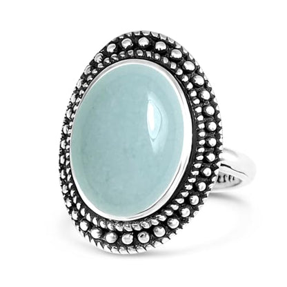 Retro Sterling Silver Stone Ring,Antique Natural Real Oval Crystal Quartz Gemstone Boho Bohemian Ring Jewelry for Women - color: A16_Aquamarine