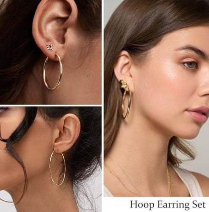14K Gold Plated Geometric Hoop Earrings for Women Chunky Hypoallergenic Thick Lightweight Jewelry - color: Gold-24 Pairs-A