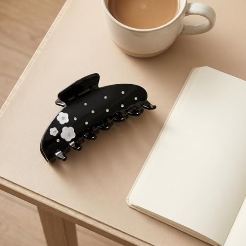 Black Hair Claw Clip with Flowers, 4 Inch Large Hair Clips for Women | Acetate Non-Slip Strong Hold, Jumbo Jaw Clips Accessories for Thick Heavy Curly Long Hair , Black Claw Clips - color: Black