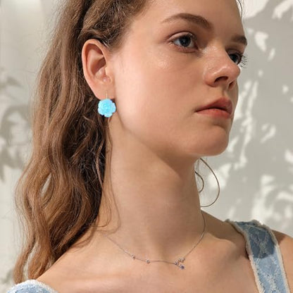 Handmade Bohemian Aesthetic Dainty Acrylic Flower Petal Leverback Earrings Sparkly 14K Gold Floral Dangle Drop Earrings for Women - color: Sky Blue