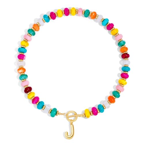 NIKOLUX Colorful Initial Necklaces for Women Chunky Resin Beaded Toggle Necklace 14K Gold Plated A-Z Bubble Letter Pendant Necklace Trendy Summer Beach Handmade Jewelry Gift - color: Colorful-J