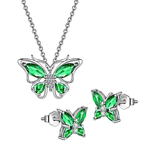 925 Sterling Silver Birthstone Butterfly Jewelry Women Crystal Animal Cute Butterflies Birthday Necklace/Earring/Ring/Bracelet Sets Birth Stone Statement Anniversary Jewellery - color: 1-E.May-Emerald