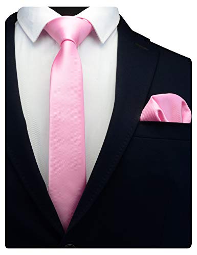 GUSLESON 2.4" Slim Necktie and Handkerchief Set For Men Solid Skinny Tie Set - color: Light Pink