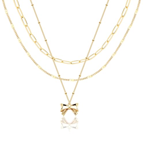 Poxtex Layered Gold Necklaces for Women, Stackable Dainty 14K Gold Silver Plated Trendy Simple Heart Diamond Cross Bow Circle Pendant Paperclip Choker Dot Chain Necklace,Jewelry Set Gifts for Women - color: Gold, style: Bow1