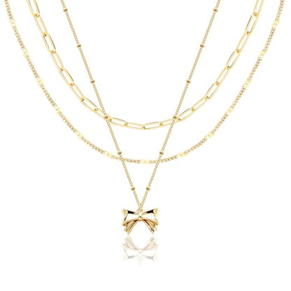 Poxtex Layered Gold Necklaces for Women, Stackable Dainty 14K Gold Silver Plated Trendy Simple Heart Diamond Cross Bow Circle Pendant Paperclip Choker Dot Chain Necklace,Jewelry Set Gifts for Women - color: Gold, style: Bow1