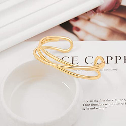 PERNNLA PEARL Dainty Gold Bar Bracelet for Women Simple Delicate Thin Cuff Bangle Hook Bracelet 18K Gold Plated Handmade Minimalist Jewelry - color: 14.Wire Bangle
