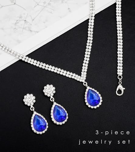 Elegant Silver Crystal Wedding Necklace Earrings Bracelet Jewelry Set for Women Brides Bridesmaids Prom Party Costume Accessory Bridal Jewelry - color: silver-royal blue