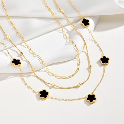 MPRAINBOW Gold Layered Necklace for Women - 3Pcs 18K Gold Plated Floral Necklaces, Stainless Steel Stackable Cuban Link Chain Non Tarnish Trendy Jewelry, Herringbone Chains Christmas Birthday Gifts - color: Black 01