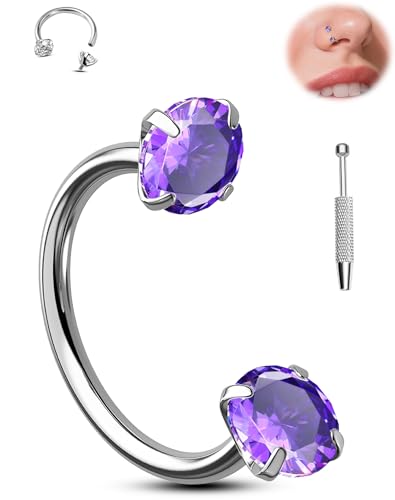 Jewseen Titanium Horseshoe Nose Ring 18G Double Gem Nose Ring for Women 6MM/7MM/8MM Internally Threaded Lip Septum Piercing Jewelry Horseshoe Helix/Daith/Tragus Earring for Women - color: Purple CZ, size: 1.0*7mm