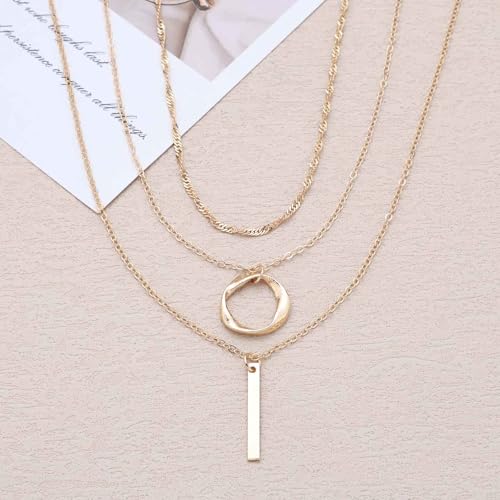 Vintage Layered Bar Pendant Necklace Hollow Circle Choker Necklace Gold Vertical Bar Necklaces Multilayer Chain Necklaces Jewelry for Women