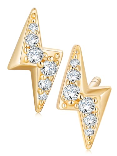 All Moissanites Sparkly Geometric Stud Earrings for Women, Solid 925 Sterling Silver with Rhodium/Gold Plated Hypoallergenic, Lightweight Comfy Earrings - color: Lightning - Yellow Gold