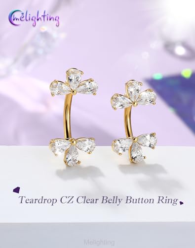 Melighting 14G Double Teardrop CZ Gold Belly Button Ring 316L Surgical Steel Navel Ring 3 Stone Drop Design Belly Bar Piercing Jewelry for Women 8 mm/10 mm - color: Gold, size: 14G8mm