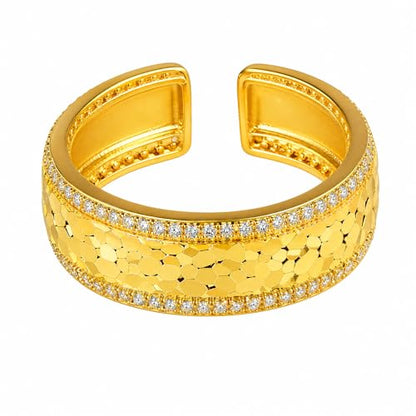 Heavy Solid 925 Sterling Silver, Band Ring for Women, Adjustable (Sizes 6–9) Open, weight 3.7g, Statement Ring with Dual Micro-Pave Stones - color: Gold
