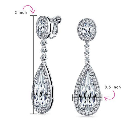 Long Cocktail CZ Halo Teardrop Chandelier Clip On Earrings Silver Plated - color: Clear Apr