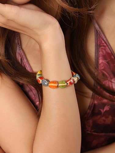 Boho Hippie Colorful Ceramic Beads Strand Stretch Bracelet, Bohemian Summer Beach Jewelry Gift for Women - color: S06