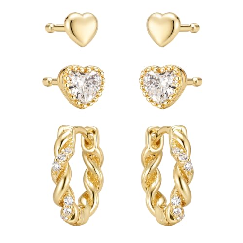 Huggie Hoop Earrings,Dainty Earring Set,3 Pairs Heart Stud, CZ Heart Stud and Twisted Huggie Hoop, Fashion Jewelry for Women