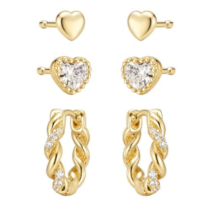 Huggie Hoop Earrings,Dainty Earring Set,3 Pairs Heart Stud, CZ Heart Stud and Twisted Huggie Hoop, Fashion Jewelry for Women