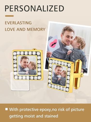 FindChic Stainless Steel Round Cufflinks with Custom Text/Picture/Monogram Letters 18K Gold Plated/Black Color for Men Groom Suits Shirts, with Gift Box - style: 02. CZ custom photo-square (gold plated)