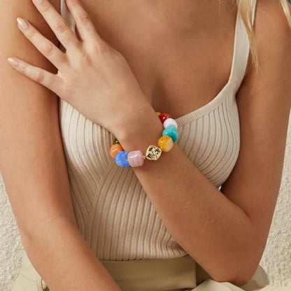 VIBILIA Chunky Beaded Bracelet for Women Multicolor Big Resin Acrylic Bead Elastic Stretch Bracelet, Trendy Statement Bracelets Boho Summer Beach Vacation Charm Jewelry - color: Square-Colorful