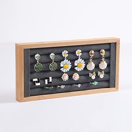 Coward Bamboo Ring Earrings Display Holder Jewelry Storage Tray Organizer (gray) - color: Gray Velvet